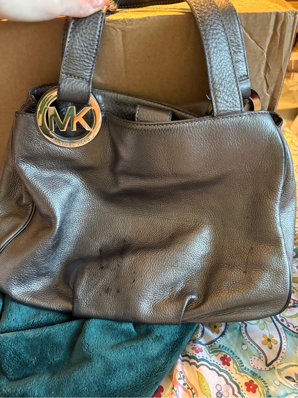 Michael Kors Silver Metallic Fulton Leather Shoulder Tote